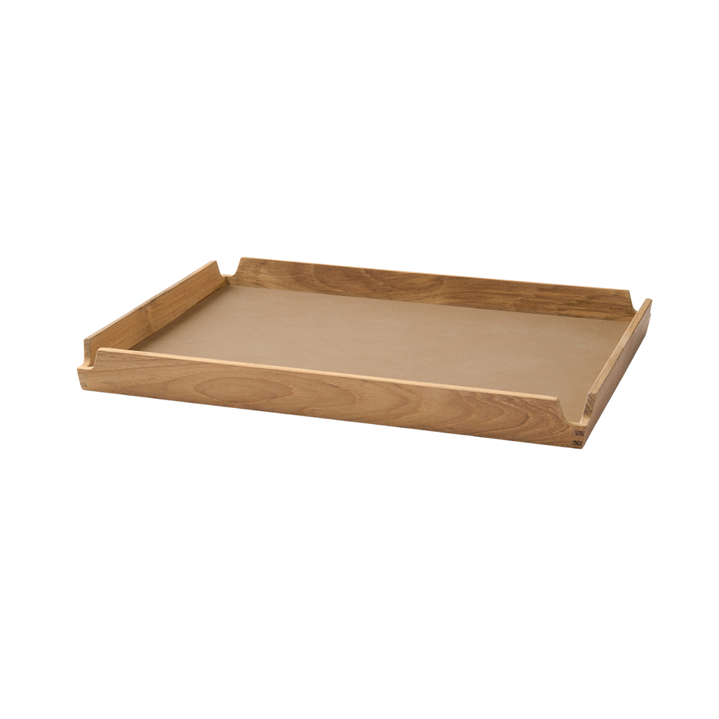 LIND DNA teakhouten dienblad met leren placemat in nougat