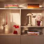 Geschenkbox Amazing Cabinet van Collections by Gaav Interieur gestyled in een kast: Bobbin tafellamp, Owl vaas, rode Pique-Fleurs vaas en Cosas Lindas kandelaar met taper kaars