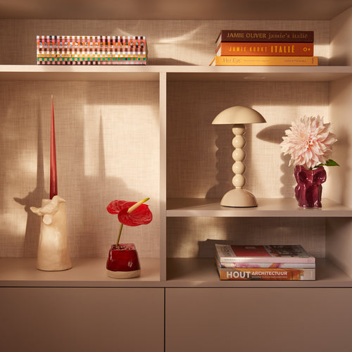 Geschenkbox Amazing Cabinet van Collections by Gaav Interieur gestyled in een kast: Bobbin tafellamp, Owl vaas, rode Pique-Fleurs vaas en Cosas Lindas kandelaar met taper kaars